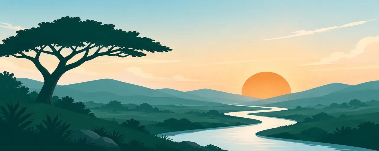 Acacia tree overlooking a winding river and sunrise across layered hills.